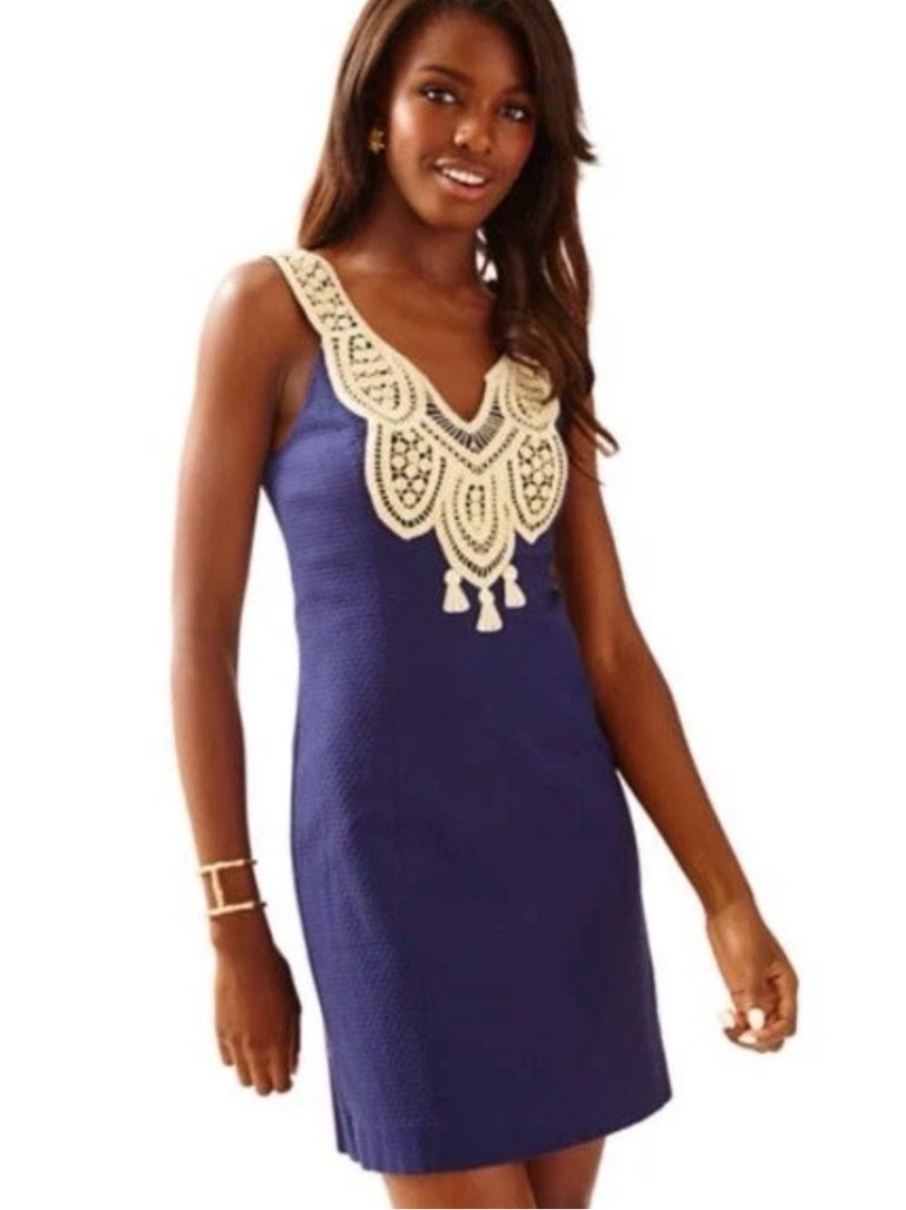 NWT Lilly Pulitzer Largo Shift Dress True Navy Gold Lace Trim Size [4]